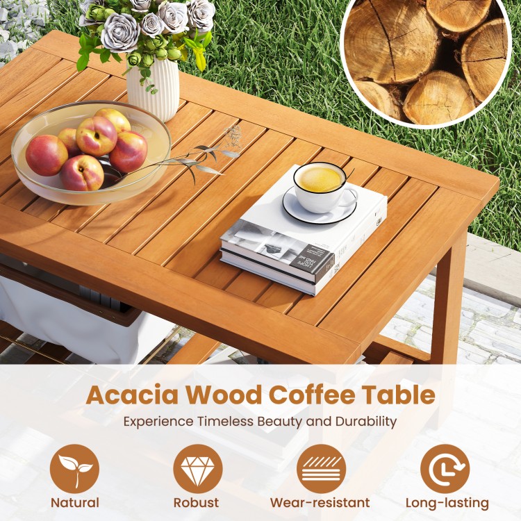Acacia wood coffee table with a natural finish, featuring a 2-tier design for indoor or outdoor use.