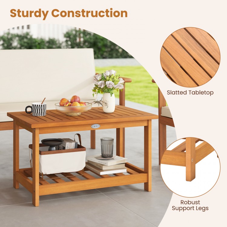 Acacia wood coffee table with slatted tabletop and sturdy support legs, ideal for indoor and outdoor use.
