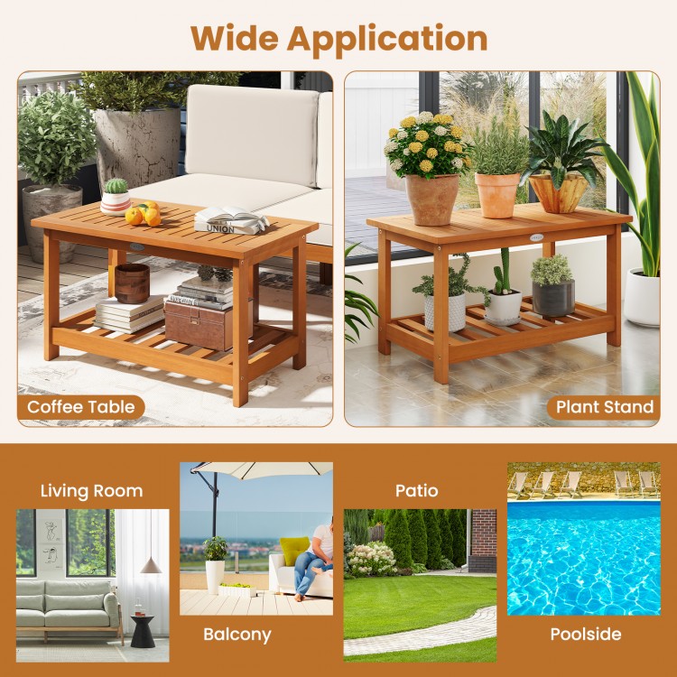 Rectangular acacia wood coffee table with 2 tiers, perfect for indoor or outdoor use in patio or living room settings.