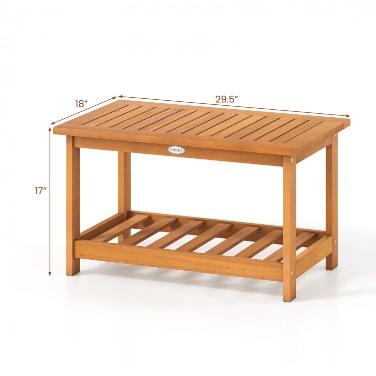 Rectangular 2-tier acacia wood coffee table with slatted top and bottom shelf, ideal for indoor and outdoor use.