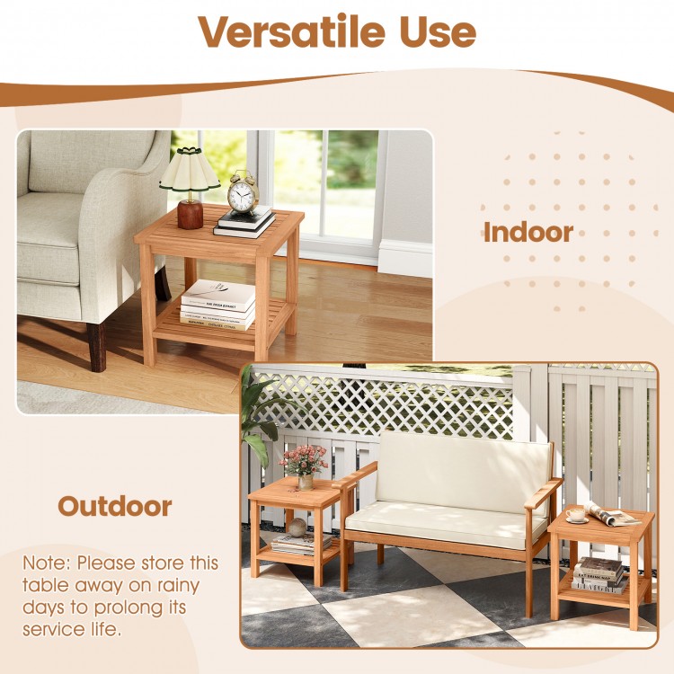 Acacia wood side table with slatted tabletop and storage shelf, ideal for indoor and outdoor use, enhancing any space.