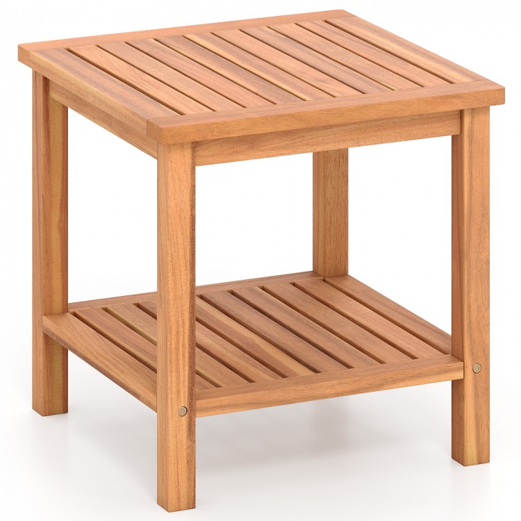 Acacia wood side table with slatted tabletop and storage shelf, perfect for patio or balcony use.