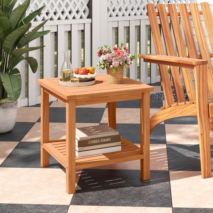 Acacia wood side table featuring a natural finish and slatted tabletop, suitable for yard or balcony storage needs.