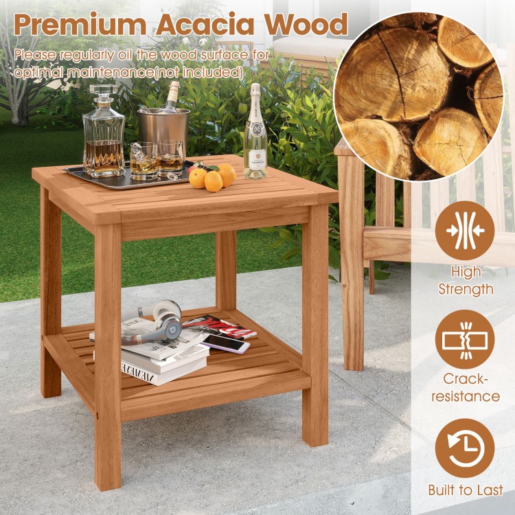 Acacia wood side table with a slatted design and sturdy construction, perfect for convenient storage in any setting.