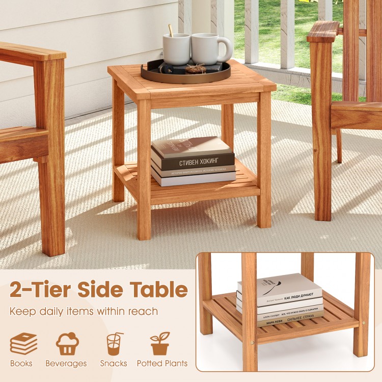 Patio acacia wood side table with slatted tabletop and storage shelf, perfect for outdoor or indoor use.