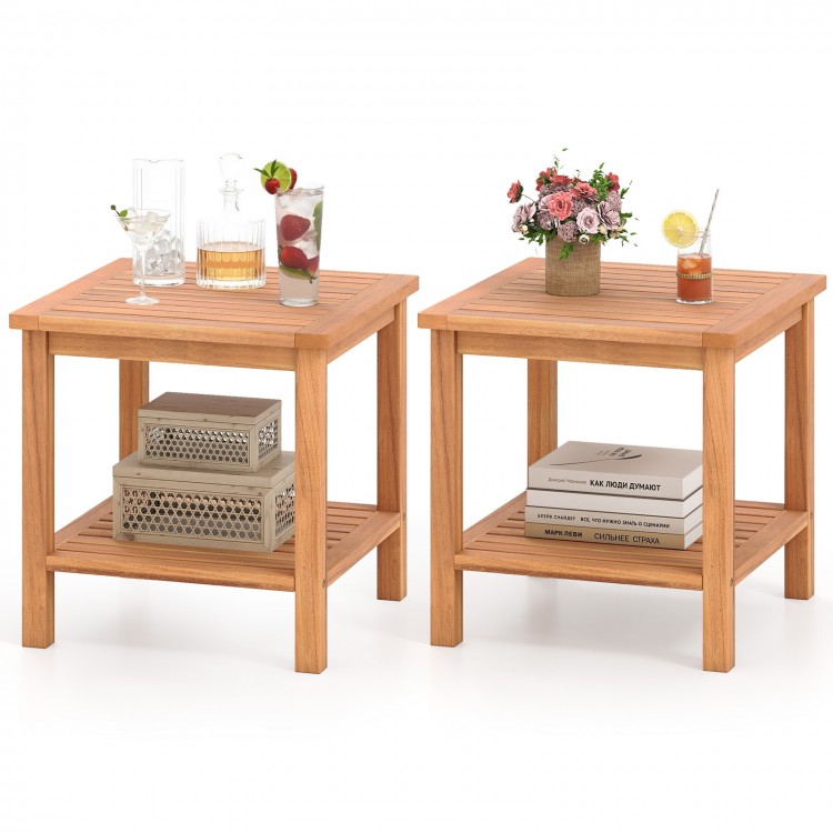 Set of 2 acacia wood side tables with slatted tabletops and storage shelves, perfect for patio or indoor use.