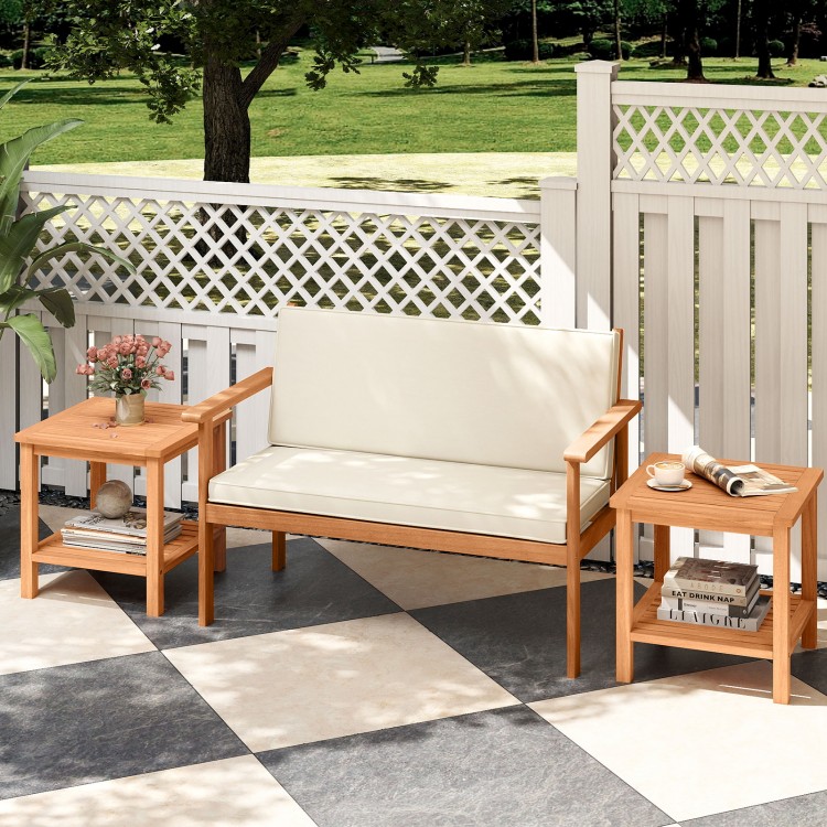 Acacia wood side table set of 2 with slatted tabletop, ideal for patio or balcony use, featuring a natural finish.