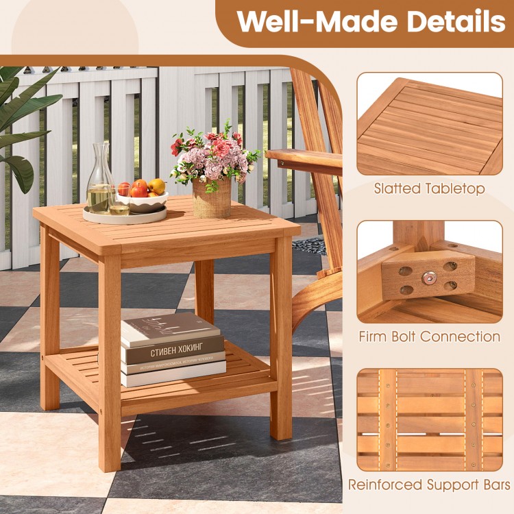 Acacia wood side table showcasing firm bolt connection and slatted design, perfect for balcony or patio storage.