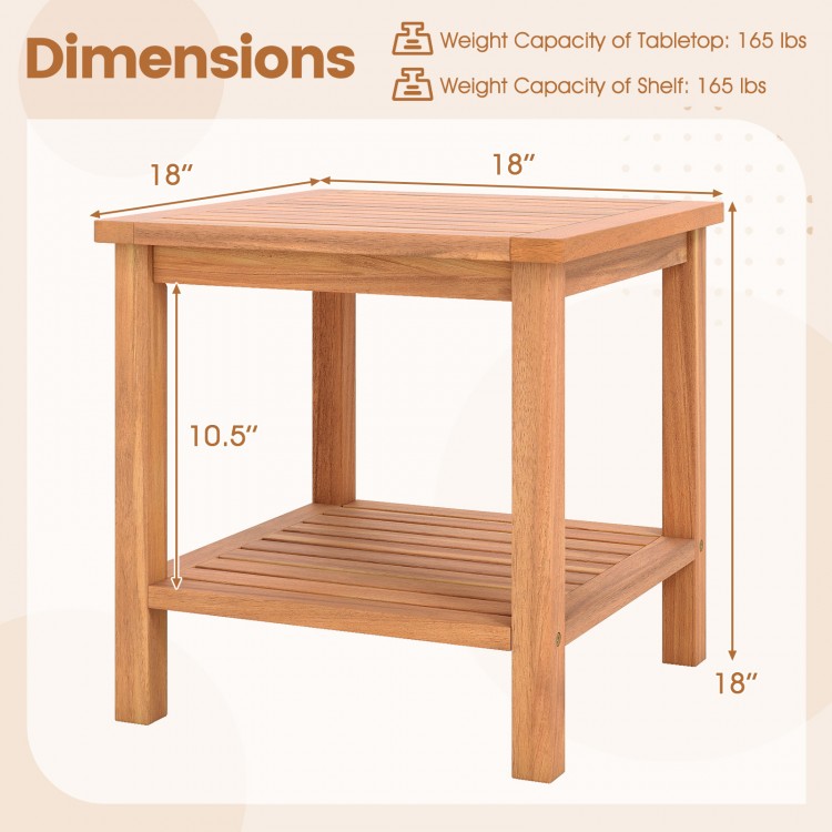 Acacia wood side table with slatted tabletop and storage shelf, ideal for patio or indoor use, dimensions 18"x18"x10.5".
