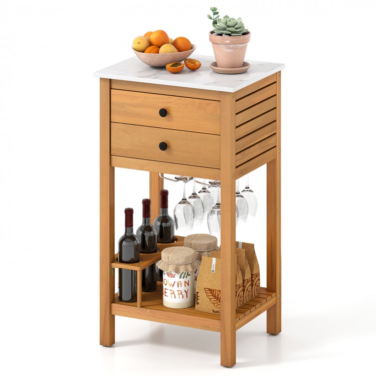 Acacia wood patio buffet cabinet with faux marble countertop, featuring two drawers and wine glass storage for outdoor.