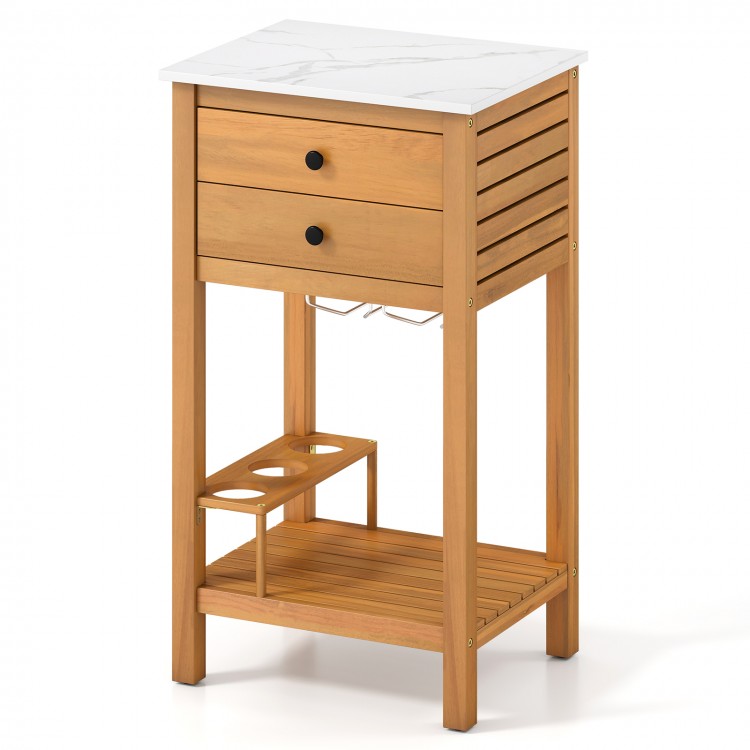 Acacia wood storage cabinet with faux marble countertop, featuring two drawers and wine holders for patio organization.
