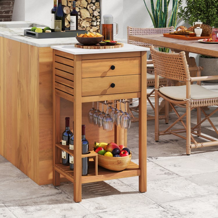 Acacia wood patio buffet cabinet with faux marble countertop, featuring storage drawers and wine holders for outdoor.