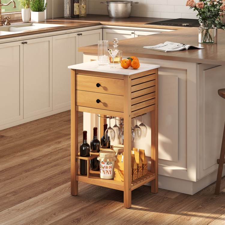 Faux marble countertop detail on acacia wood storage cabinet, showcasing glass holder and organized wine storage for.