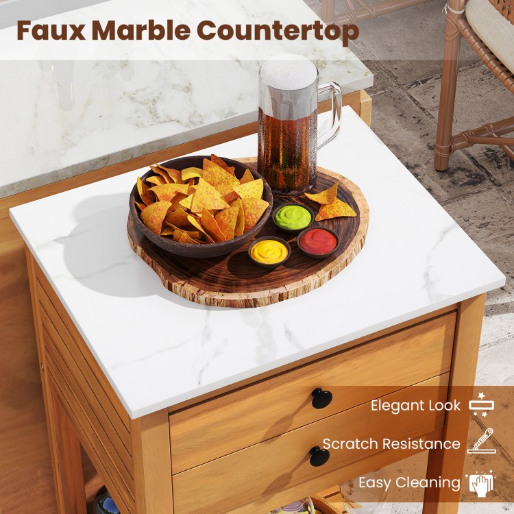 Faux marble countertop on acacia wood storage cabinet, featuring snacks and beverages, ideal for patio or backyard use.