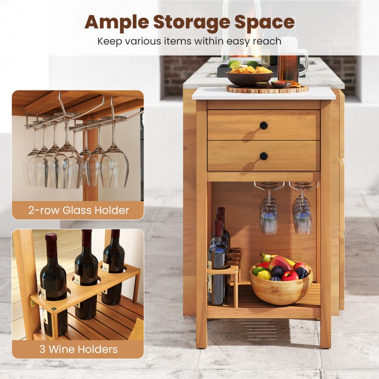 Patio acacia wood storage cabinet with faux marble countertop, featuring 2-row glass holder and 3 wine holders for easy.