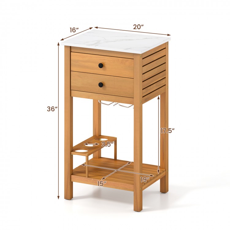 Acacia wood patio storage cabinet with faux marble top, featuring two drawers and wine holders for outdoor organization.