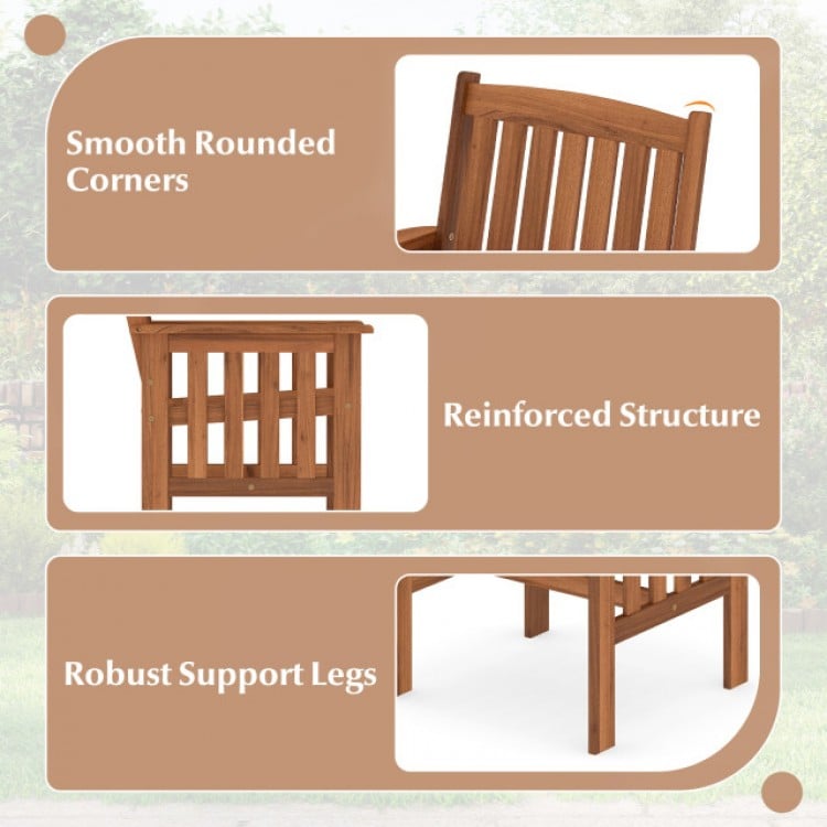 Solid wood patio chair with slatted seat and inclined backrest, featuring reinforced structure for outdoor durability.
