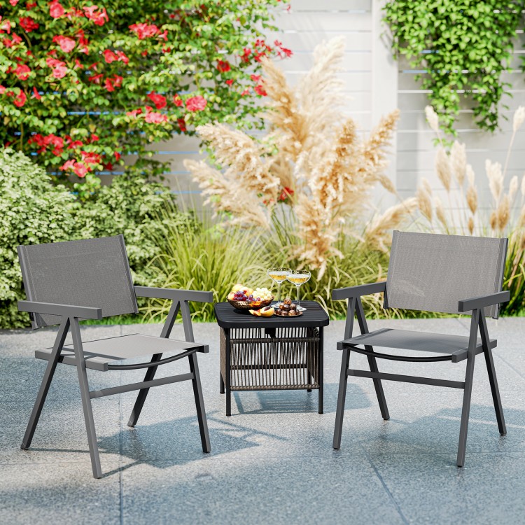 Set of 2 outdoor dining chairs with breathable fabric seats, sturdy metal frame, ideal for patios and poolsides.