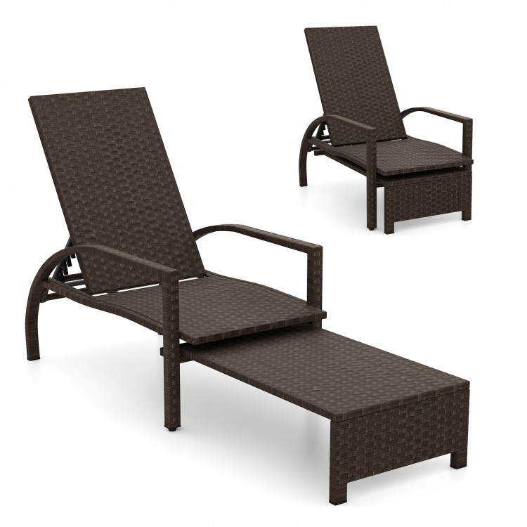Patio chaise lounge with retractable ottoman, durable wicker surface, adjustable backrest for backyard relaxation.