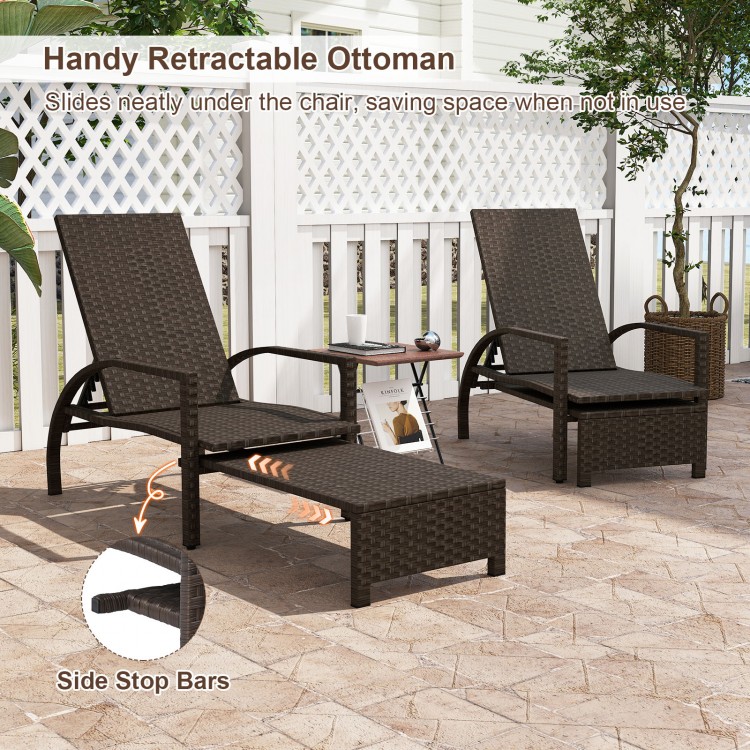 Patio chaise lounge with retractable ottoman, durable rattan design, ideal for backyard or poolside relaxation.
