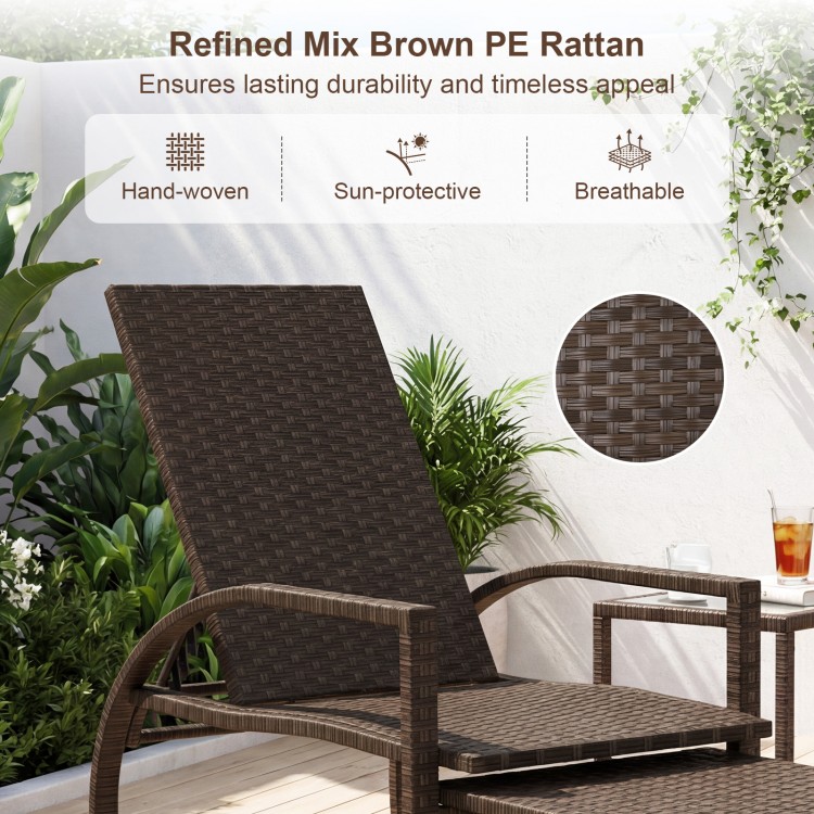 Patio chaise lounge chair in refined mix brown PE rattan with retractable ottoman, perfect for outdoor relaxation.