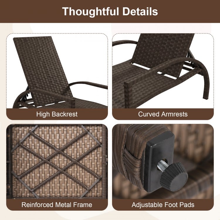 Patio chaise lounge with ergonomic backrest, curved armrests, and reinforced metal frame for poolside relaxation.