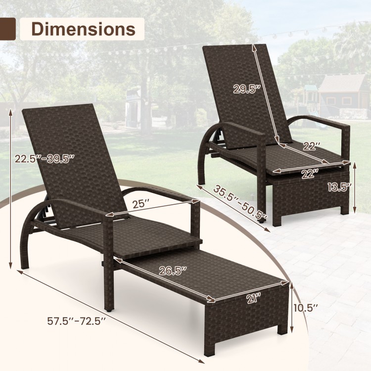 Patio chaise lounge with adjustable backrest and retractable ottoman, featuring durable rattan for outdoor relaxation.