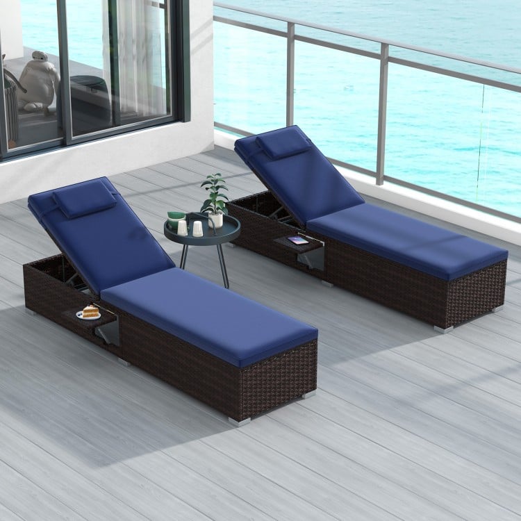 Patio chaise lounge set of 2 with navy cushions, featuring a 6-level adjustable backrest for outdoor relaxation.