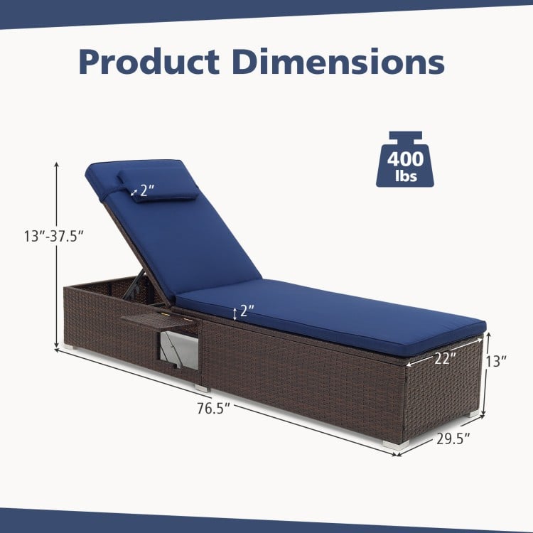 Patio chaise lounge dimensions with navy cushion, 6-level backrest, and durable rattan surface for outdoor relaxation.