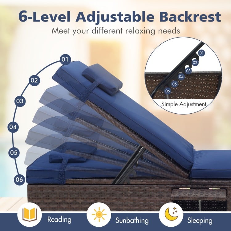 Adjustable backrest of the navy patio chaise lounge set, featuring 6 levels for personalized comfort and relaxation.