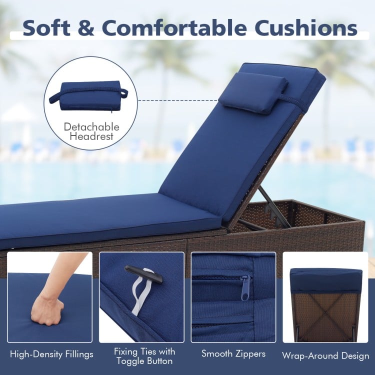 Navy chaise lounge cushion with detachable headrest, featuring smooth zippers and fixing ties for outdoor relaxation.