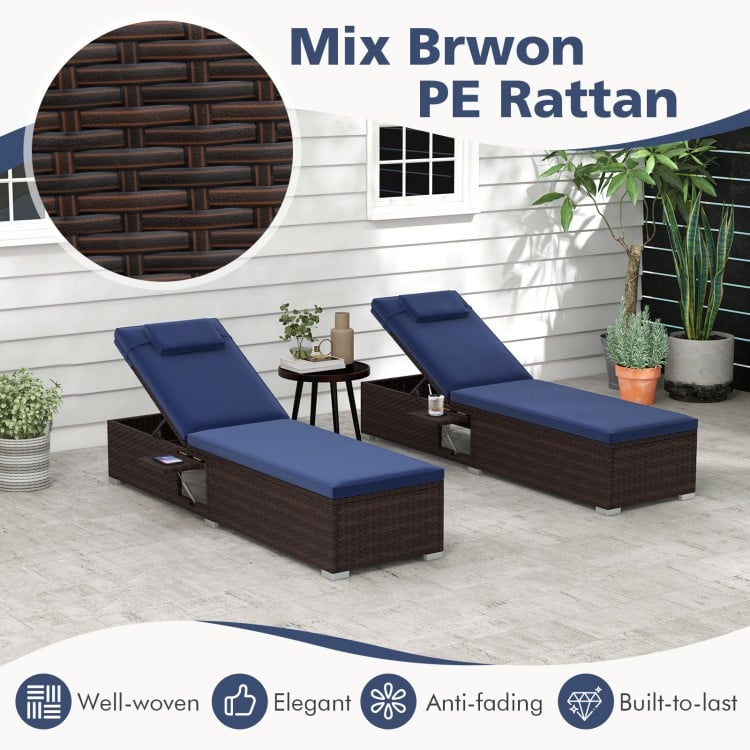 Patio chaise lounge set of 2 in navy with adjustable backrest and well-woven PE rattan, perfect for poolside relaxation.