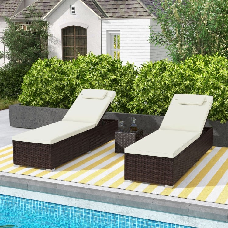 Patio chaise lounge set of 2 with off-white cushions, featuring a 6-level adjustable backrest for poolside relaxation.