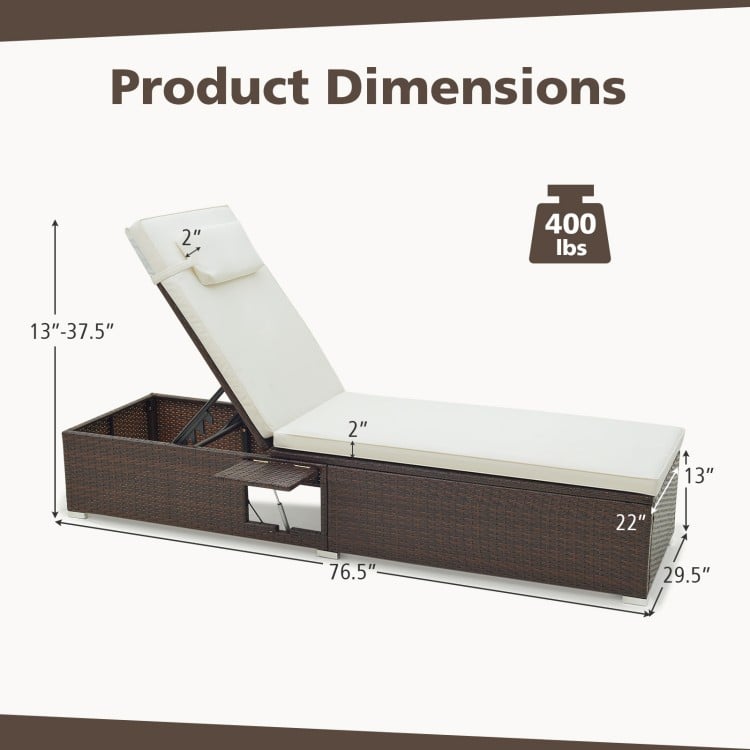 Patio chaise lounge dimensions with adjustable backrest, off-white cushion, and 400 lbs capacity for outdoor relaxation.