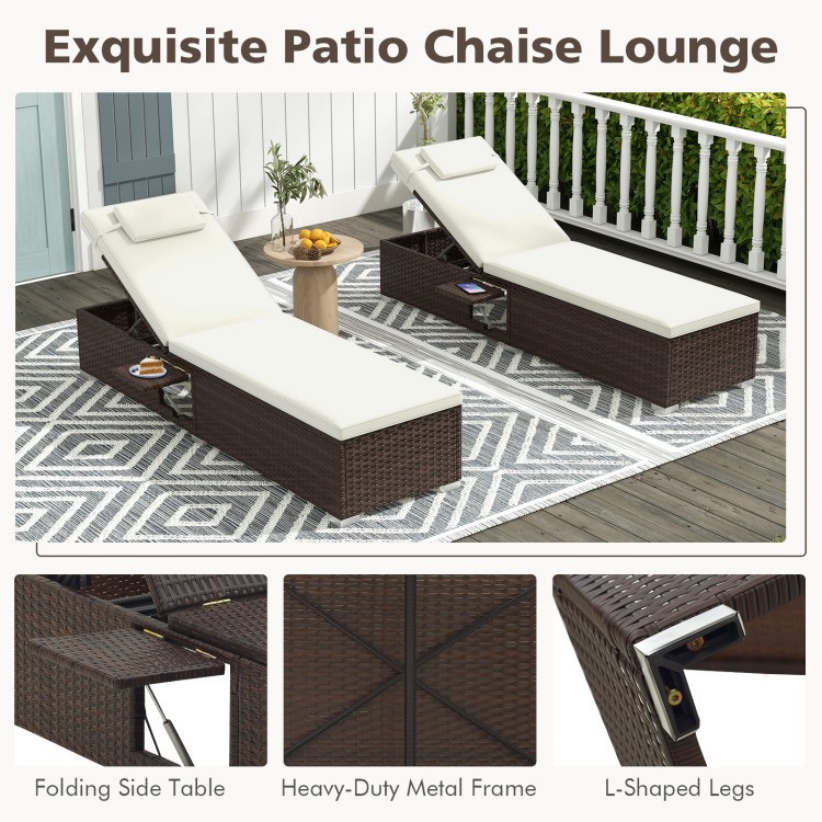 Patio chaise lounge set of 2 with off-white cushions, adjustable backrest, and foldable side table for outdoor.