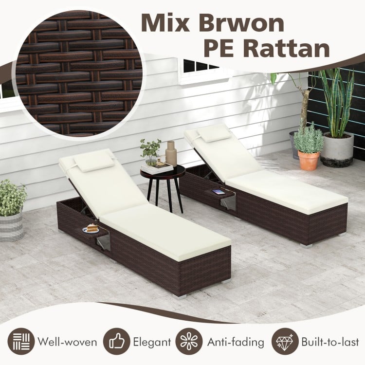 Patio chaise lounge set of 2 in brown PE rattan with off-white cushions, perfect for poolside relaxation.