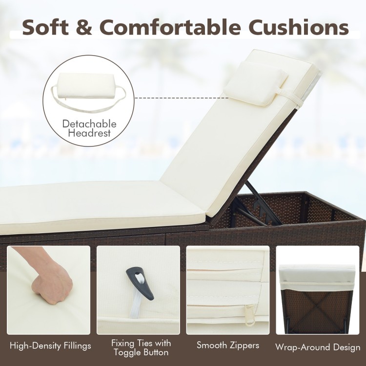 Close-up of the off-white cushion and detachable headrest on a patio chaise lounge, featuring smooth zippers for easy.