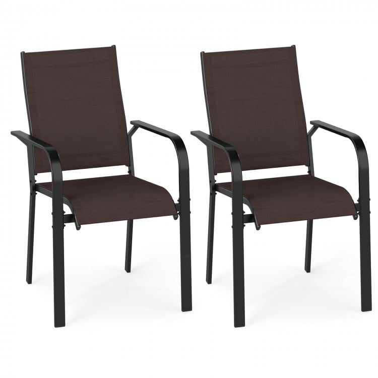 Stackable outdoor armchairs set of 2 with breathable mesh fabric and supportive armrests for patio relaxation.