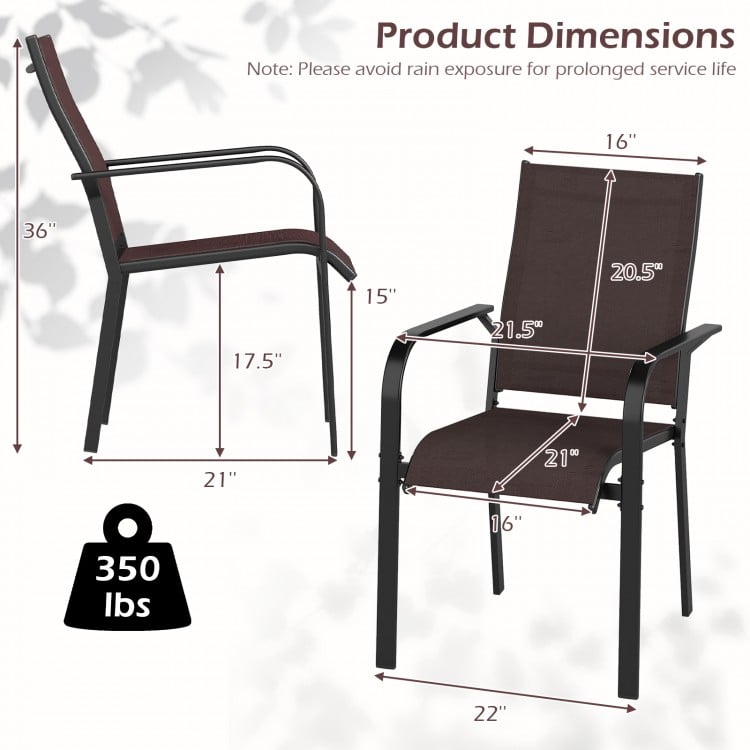 Stackable outdoor armchair with a breathable mesh seat, heavy-duty metal frame, and dimensions for patio use.