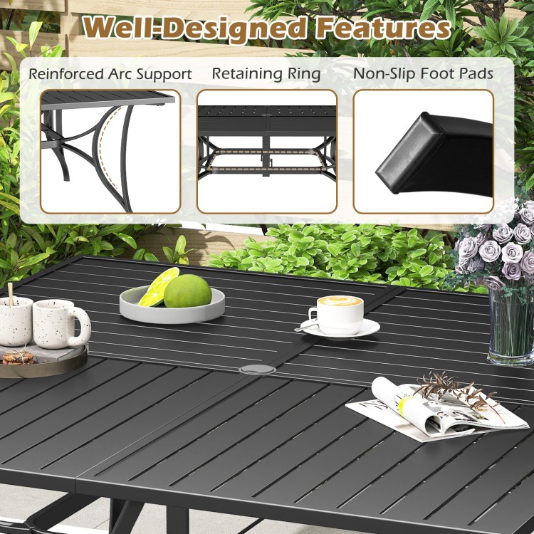 Close-up of the black patio dining table featuring a spacious 60" tabletop and reinforced arc support for outdoor.