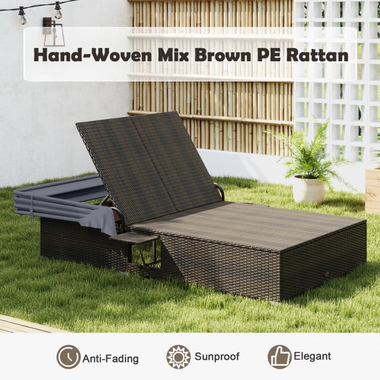 Patio double chaise lounge in hand-woven mix brown PE rattan with adjustable backrests and retractable canopy for.