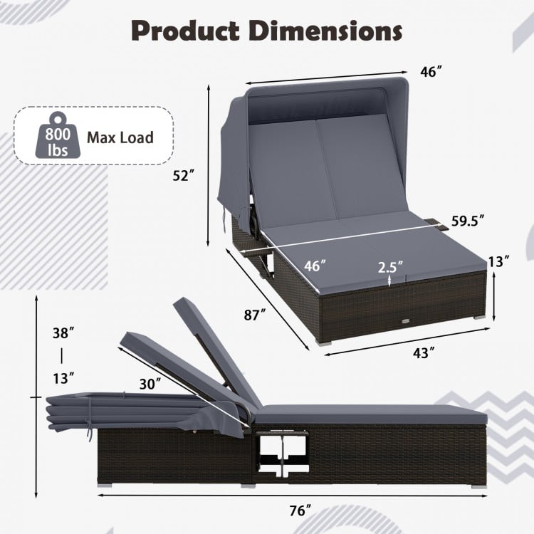 Patio double chaise lounge dimensions chart, showcasing adjustable backrests and retractable canopy features for.