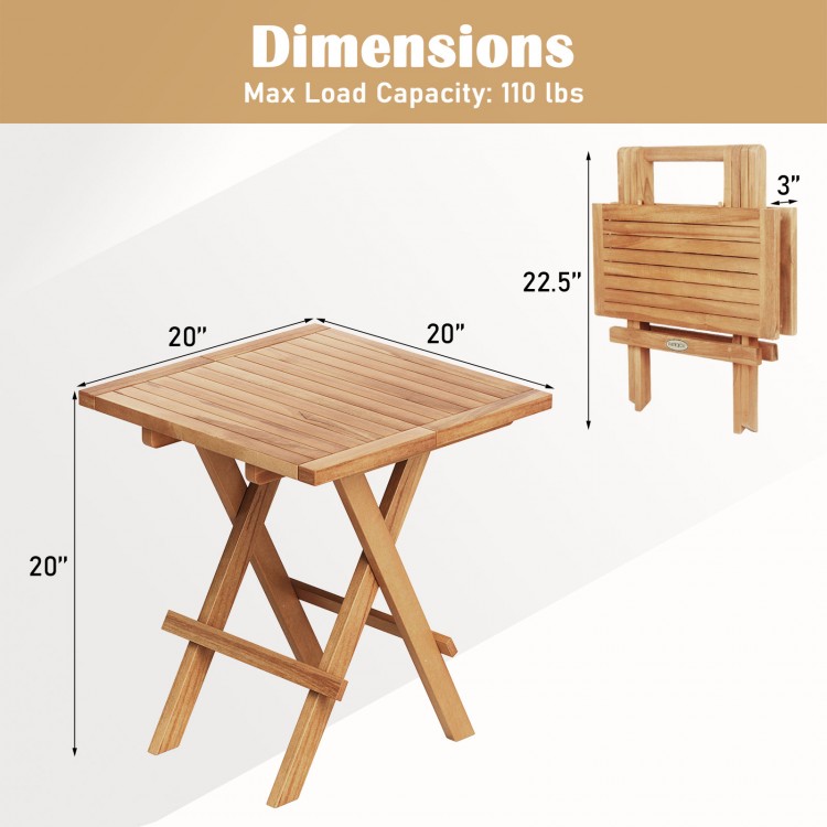 Patio folding side table with slatted teak wood top, X-shaped legs, and compact design for easy storage and portability.