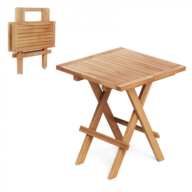 Patio folding side table made of premium teak wood with slatted tabletop, ideal for camping and backyard use.