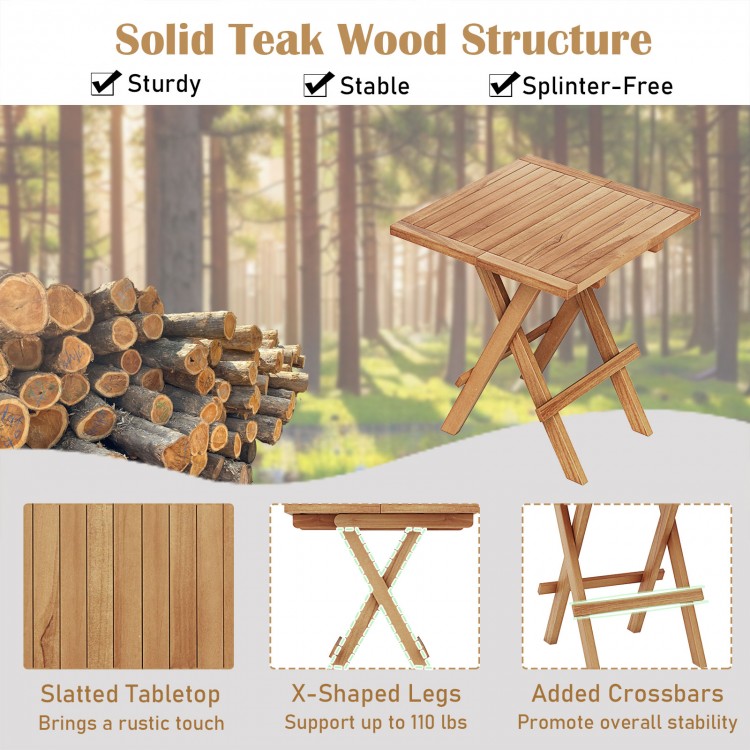 Patio folding side table made of teak wood with slatted tabletop and X-shaped legs, perfect for camping and backyard.