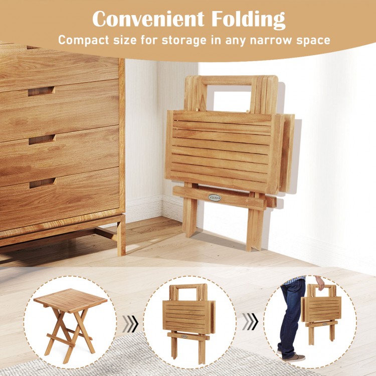 Patio folding side table with slatted tabletop, made of teak wood, compact for storage, ideal for camping and picnics.