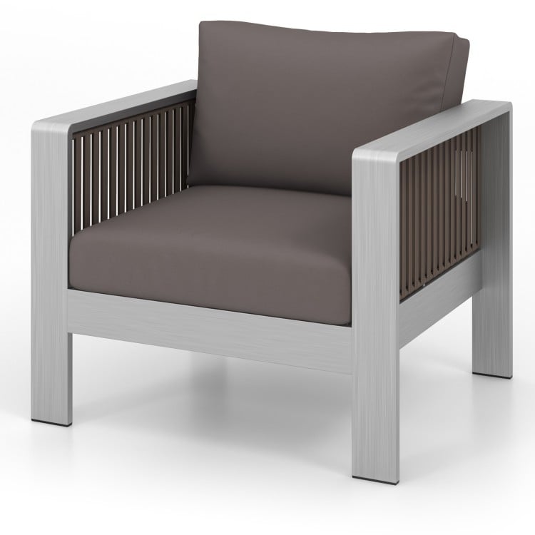 Aluminum armchair with thick brown cushion, featuring a rustproof frame and modern design for outdoor relaxation.