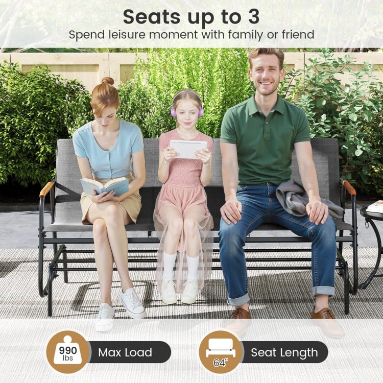Patio glider bench for 3 people with curved teak armrests and breathable fabric, perfect for backyard relaxation.