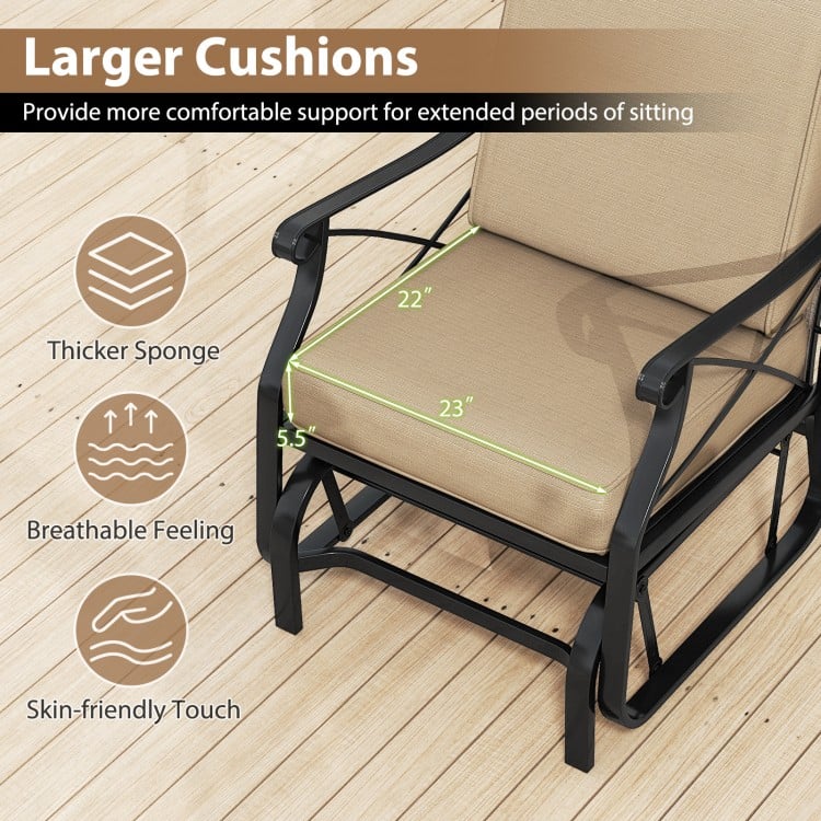 Patio glider rocking chair with brown thick cushions, metal frame, and ergonomic design for outdoor comfort.