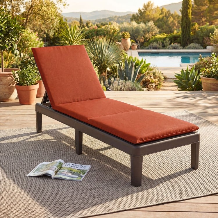 Patio lounge outdoor recliner chair with orange cushion, featuring a 3-position adjustable backrest for versatile.